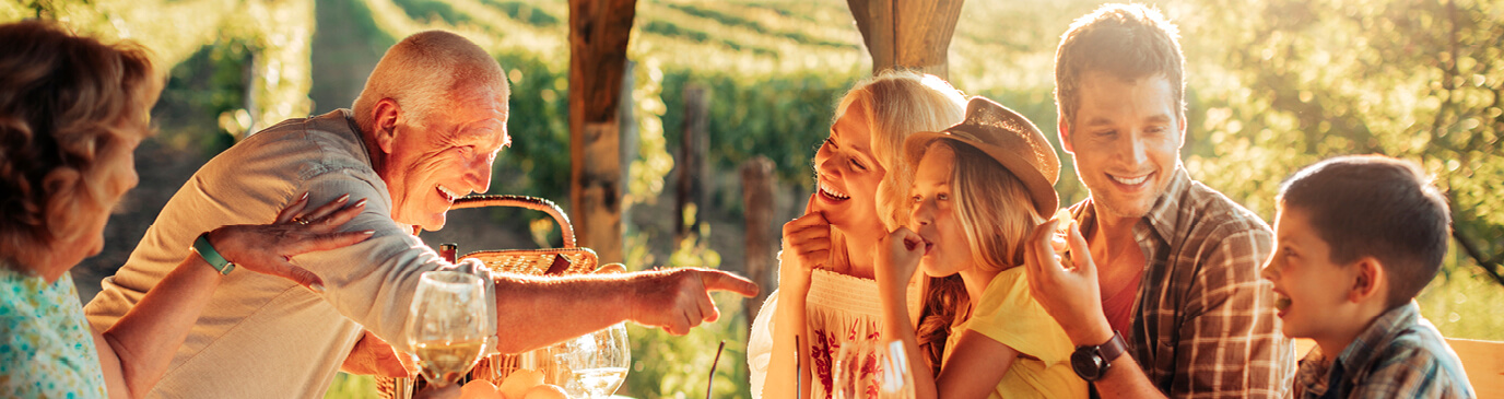 Sunlit family picnic, grandparents making fun gesture at grandchildren, parents looking on lovingly