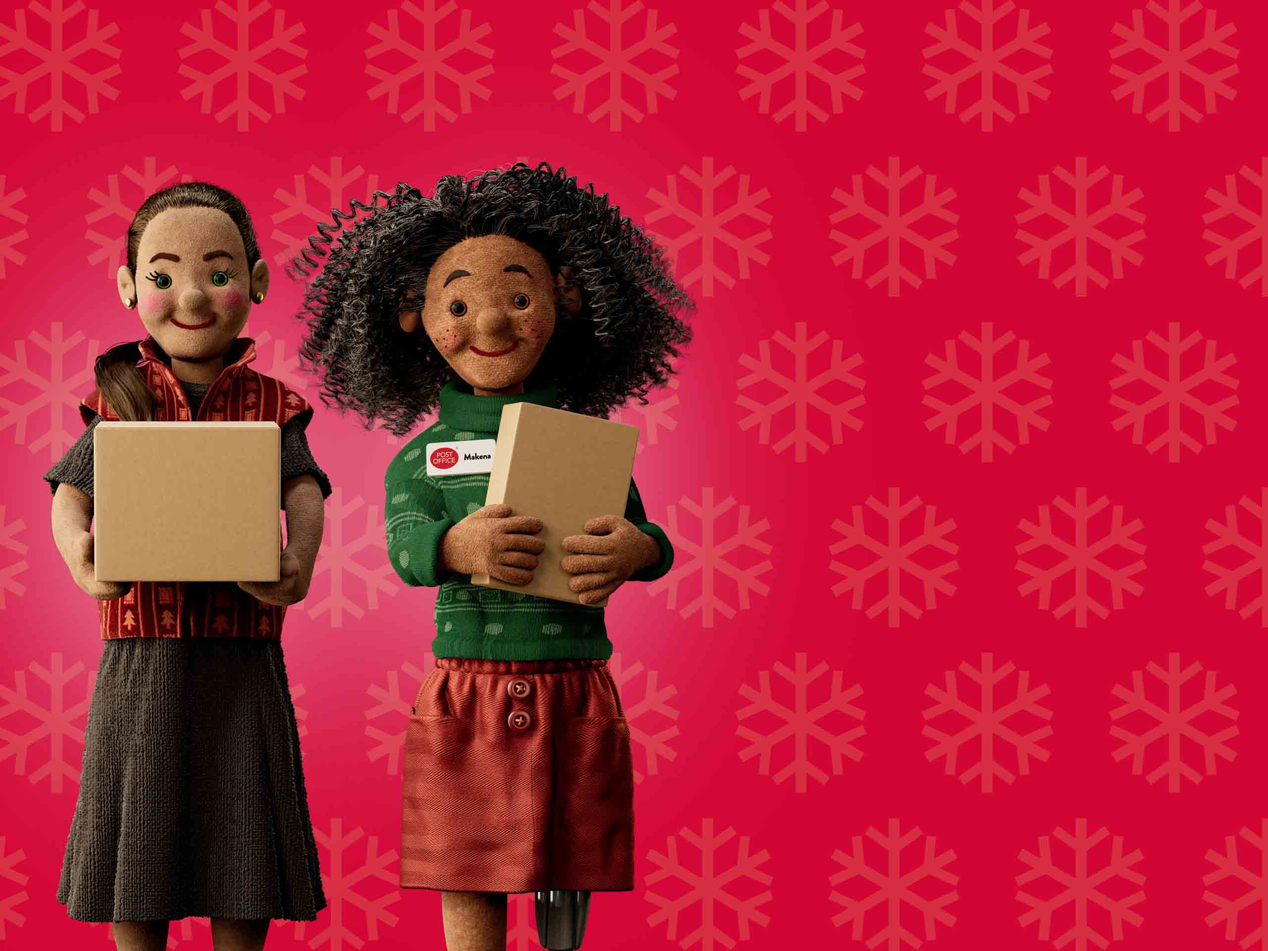 a post office christmas helper and a customer carrying parcels